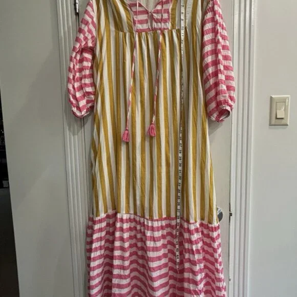 SUNSHINE TIENDA MUSTARD & PINK STRIPED COPA W/ POCKETS DRESS M/L *SMALL FLAW - Picture 14 of 14